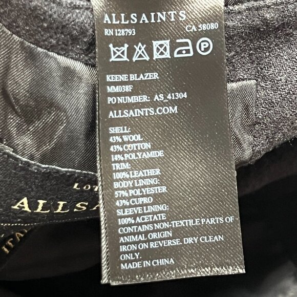 All Saints Italian Cloth Keene Blazer Mens 36 Black Leather Trim Wool Blend - Picture 3 of 9